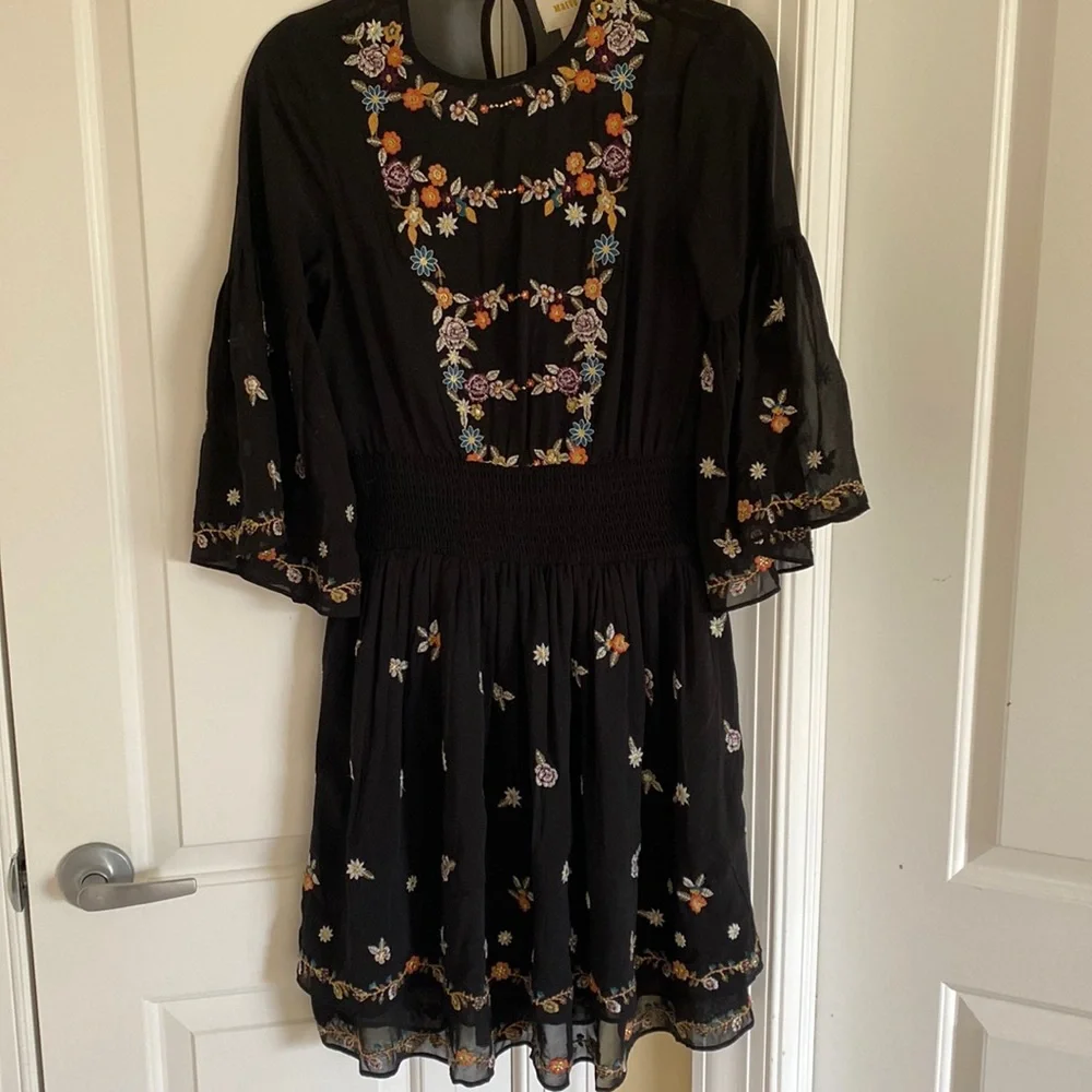 Anthropologie Black Floral Embroidered Midi Dress - Picture 1 of 7